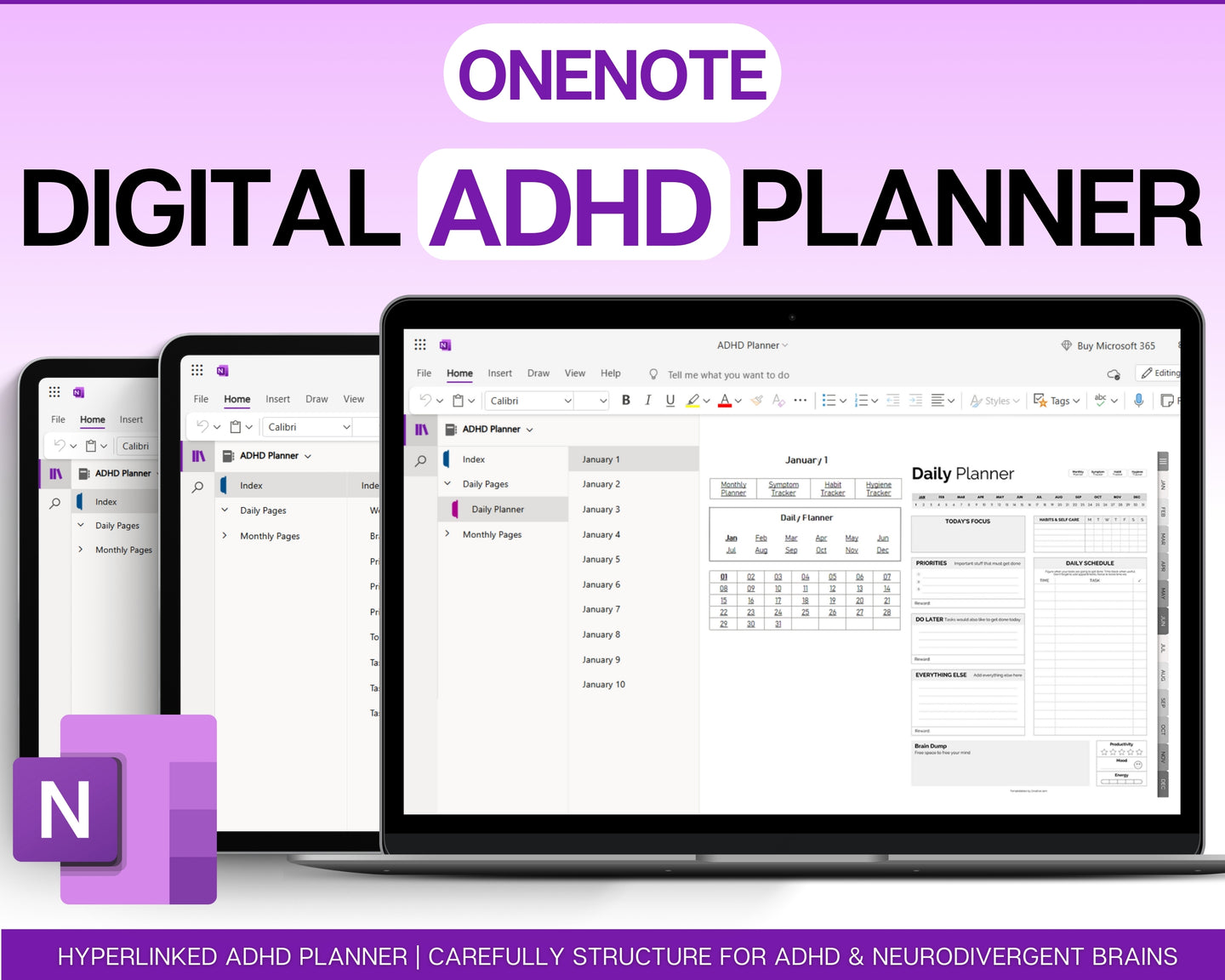 ADHD OneNote Digital Planner | OneNote Planner for Neurodivergent Adults. Comes with Brain Dump Templates, To Do Lists, Cleaning & Daily Symptom Trackers | Perfect for One Note
