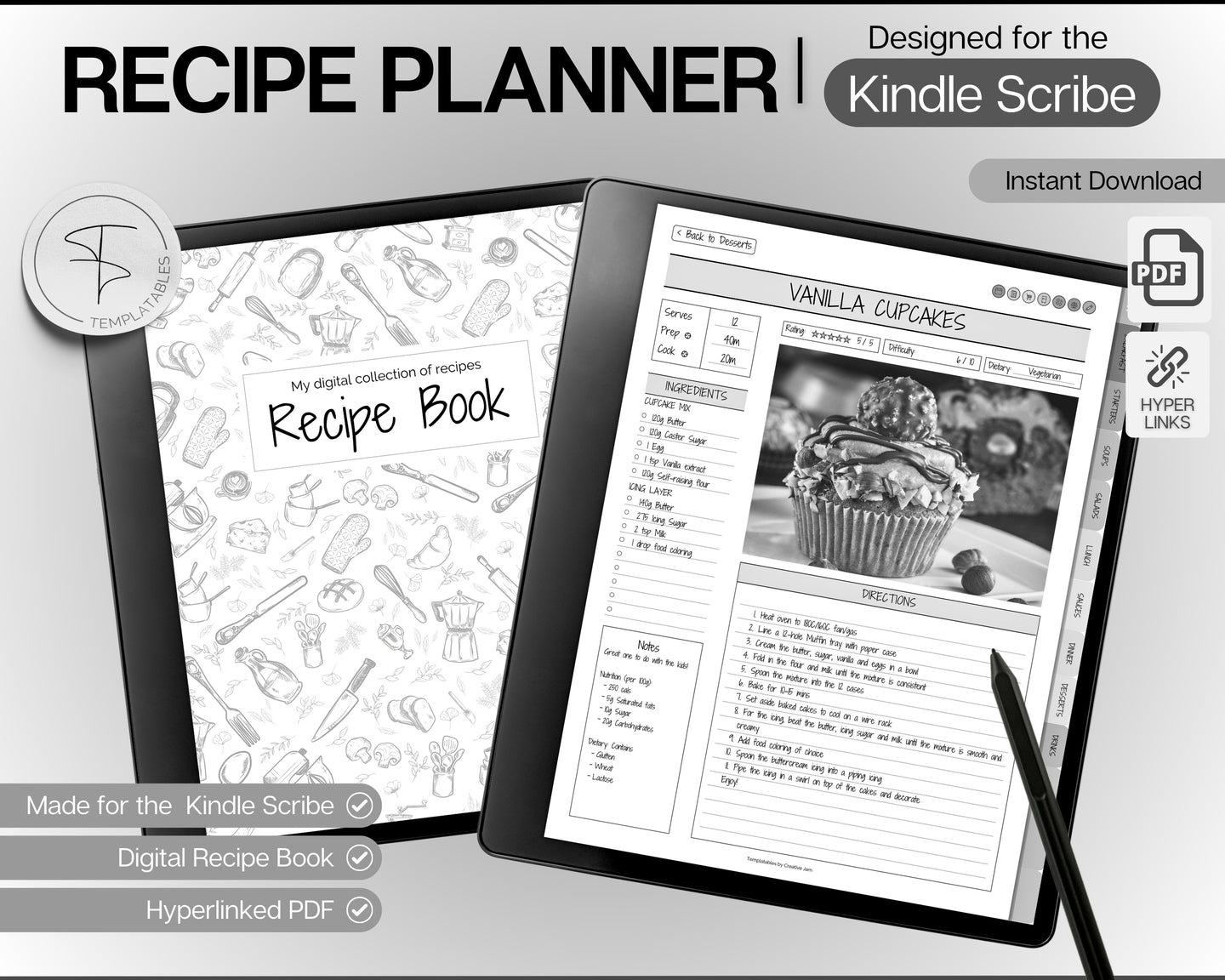 Digital Recipe Book for Kindle Scribe | Comes with Recipe Templates, Digital Meal Planner, Cookbook Template, Recipe Binder Kit & Blank Recipe Card