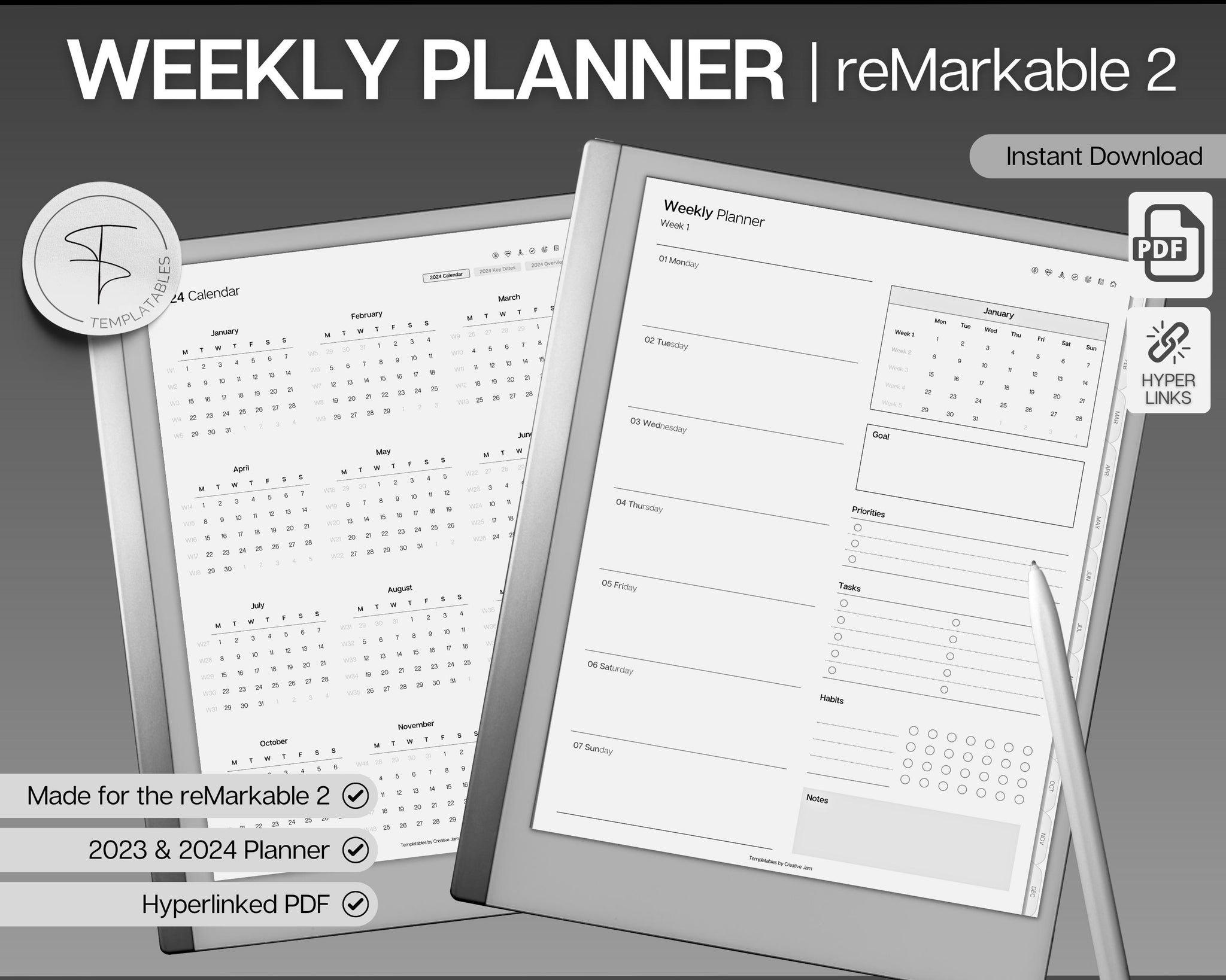 reMarkable 2 Weekly Planner  2023 - 2024 Digital Life Planner