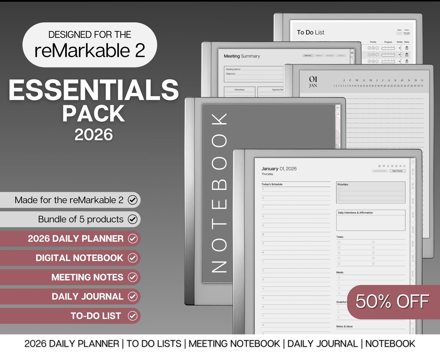 ESSENTIALS template pack for the reMarkable 2 | 2026 Daily Planner, Digital To Do List, Meeting Minutes, Meeting Notes, Journal & Notebook