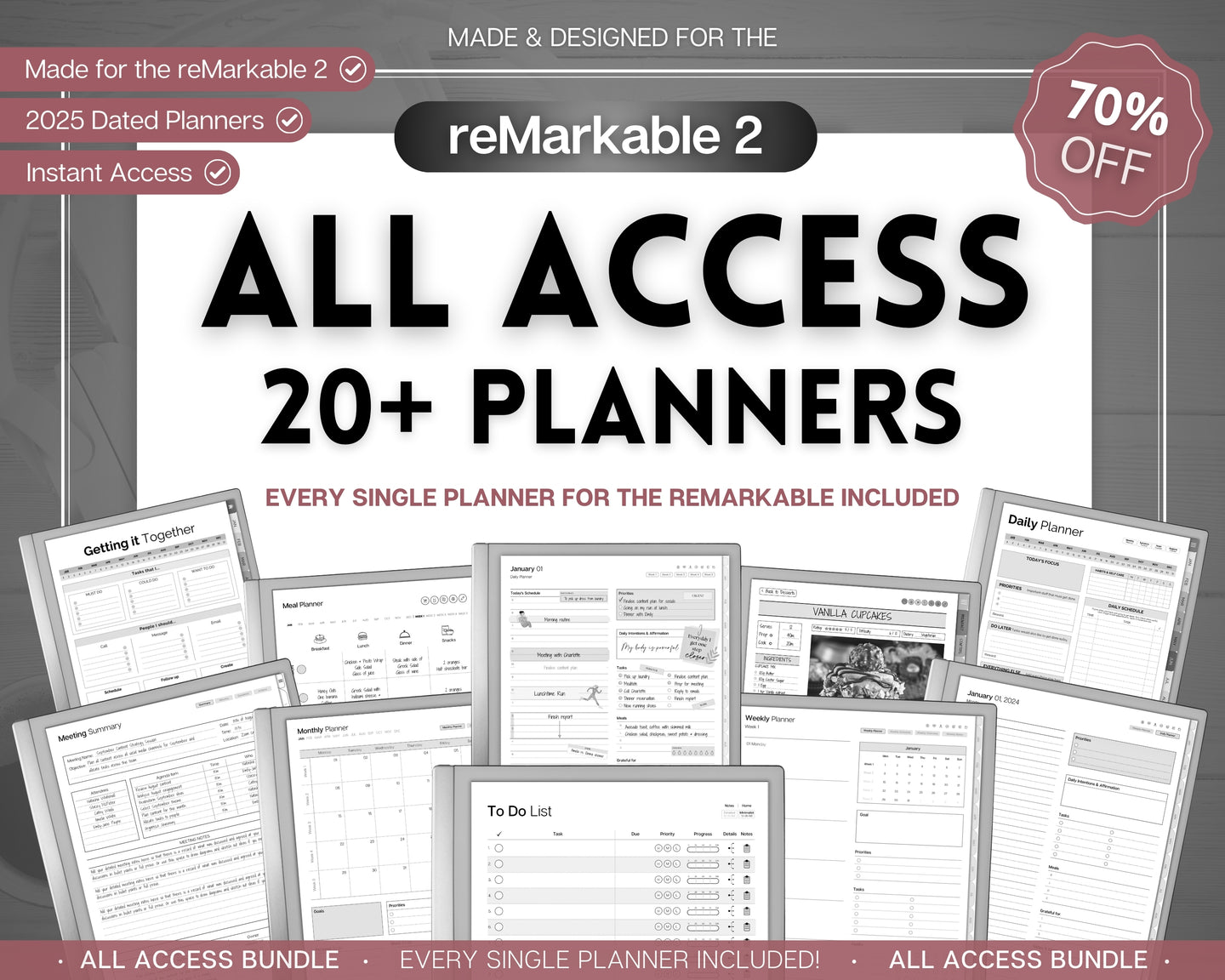 ALL ACCESS template pack for the reMarkable 2 | 2025 Daily Planner, Digital To Do List, Meeting Minutes, Journal & Notebook, Calendar, Tasks