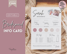 Load image into Gallery viewer, EDITABLE Bridesmaid Info Card | PHOTO Wedding Information &amp; Iteniary Card Canva Template | Style 2
