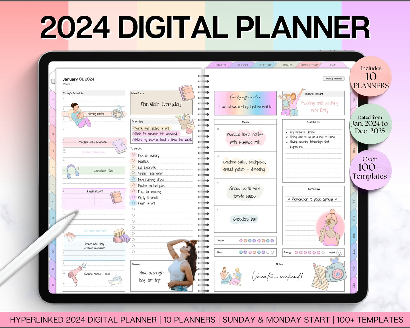 2024 COLORFUL Digital Planner | 2025 GoodNotes Planner With Daily, Weekly & Monthly Planner | Undated Life Planner For Notability & iPad