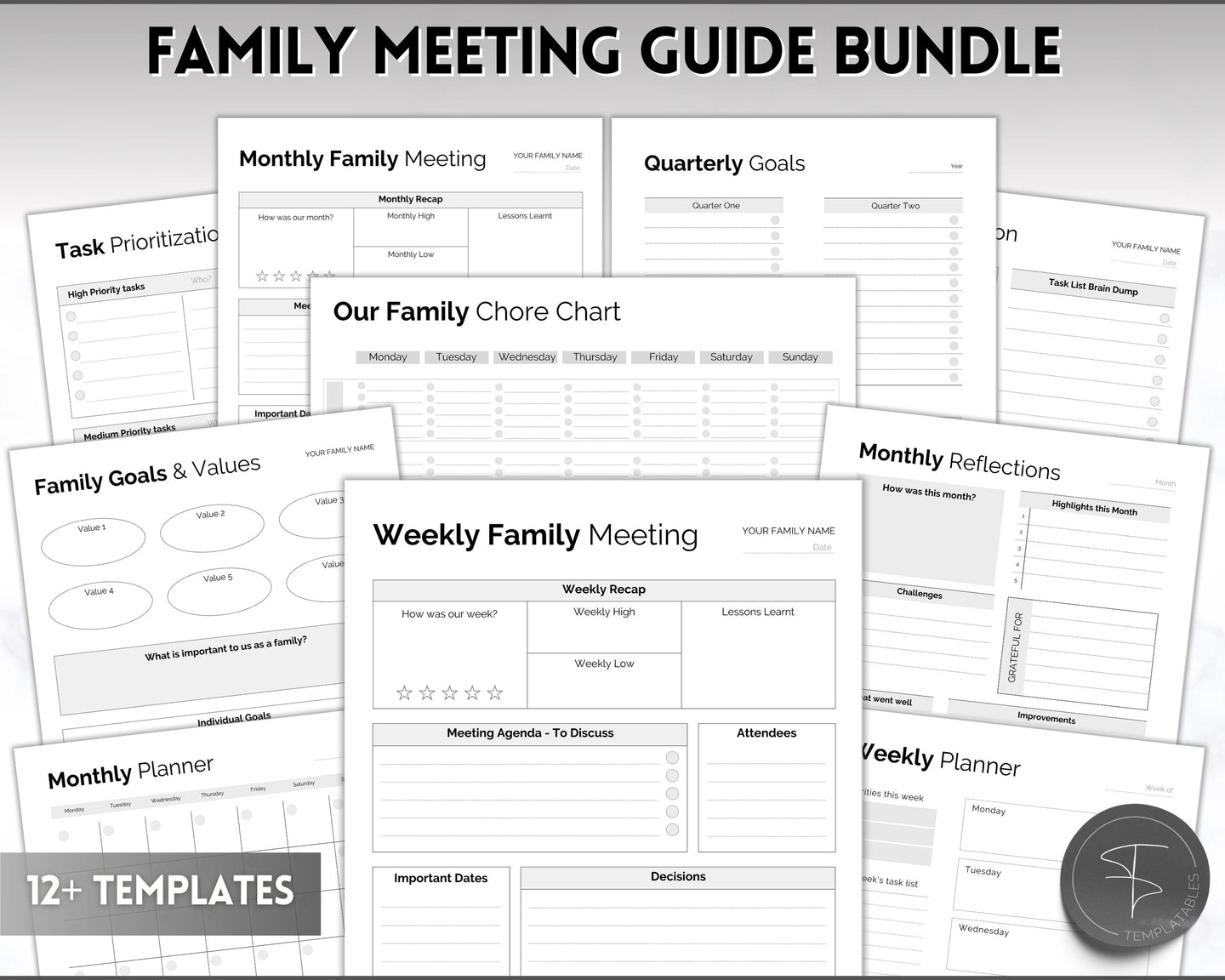 Family Meeting Guide - 12pg Printable Bundle with Meeting Agenda | Family Calendar, Household Planner & Home Organization | Mono