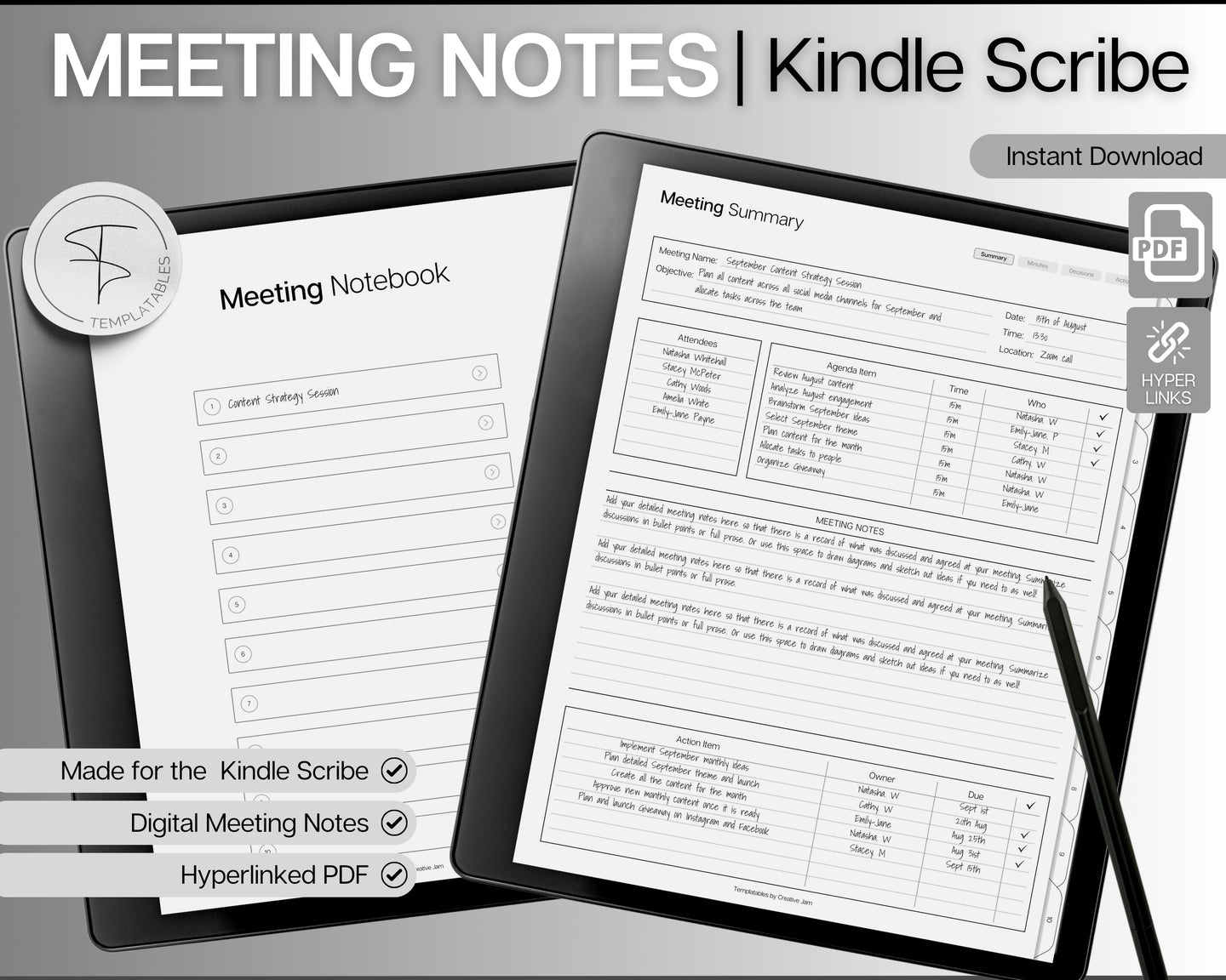 Kindle Scribe Meeting Notes templates | Meeting Minutes, Meeting Agenda, Meeting Note taking template, Project planner, Task List, Kindle Scribe Planner