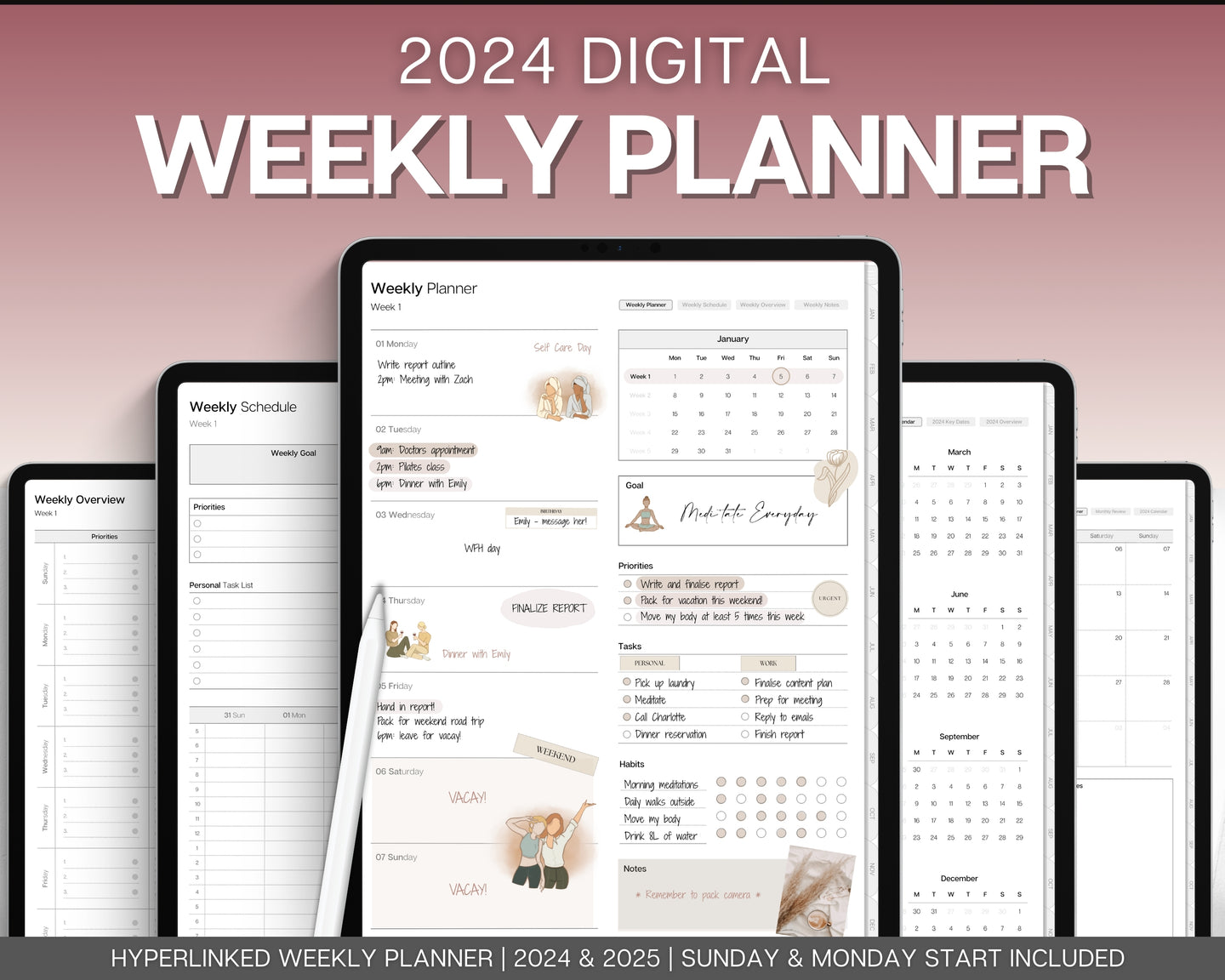 2024 WEEKLY Digital Planner | Digital Life Planner & Weekly Schedule Undated | Perfect for iPad, GoodNotes & Notability