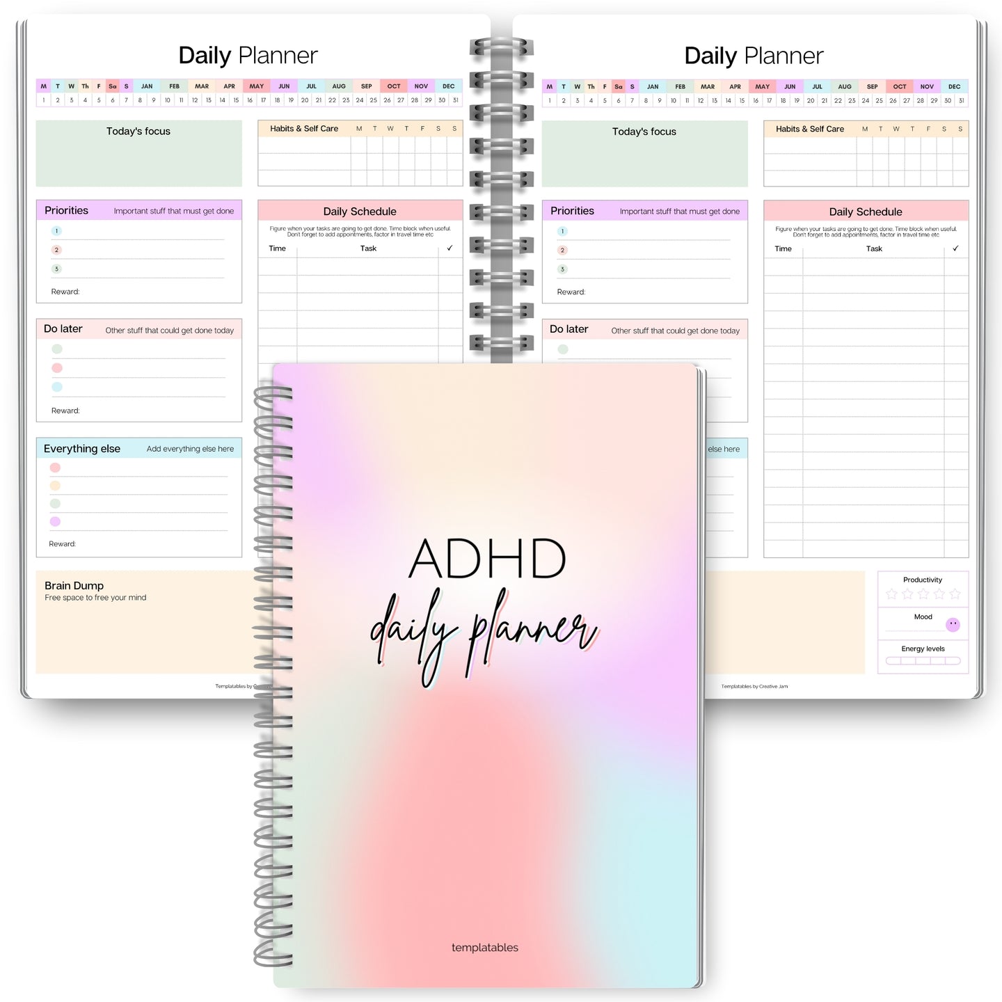 ADHD Daily Planner for Neurodivergent Adults - Productivity Daily Planner & Task Management to Stay Organized and Focused | A5 Pastel Rainbow