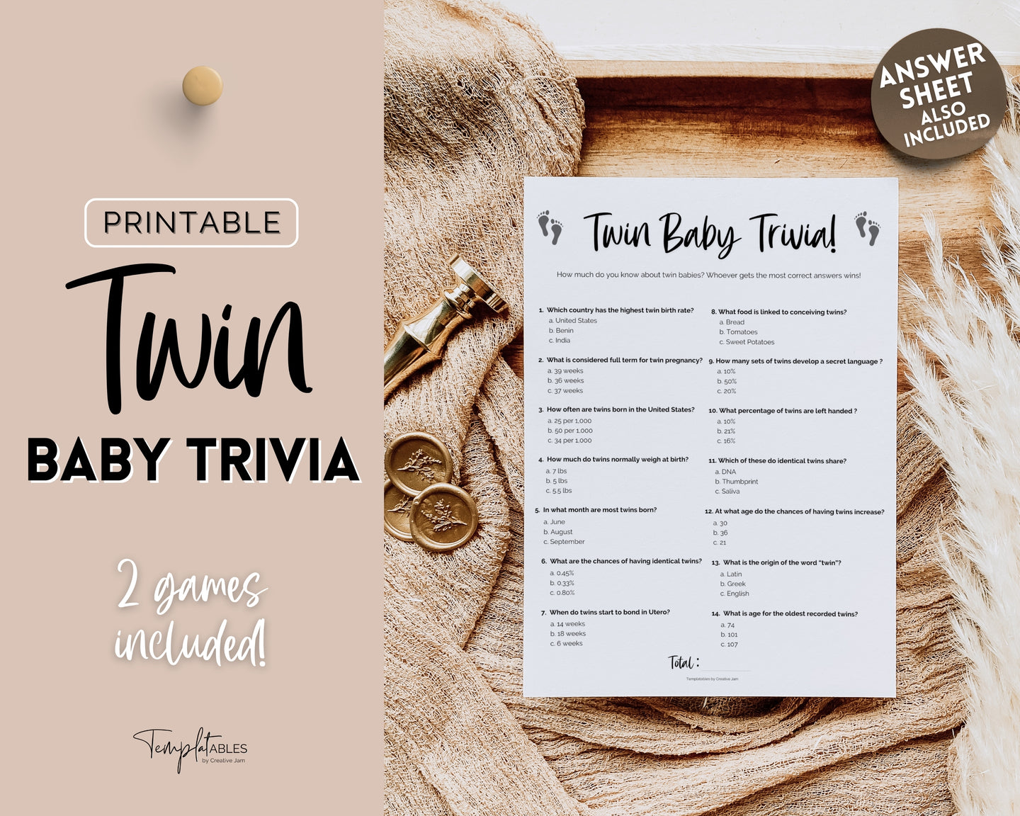 TWIN Baby Trivia Game | Fun template with Baby Shower Games, Printable Baby Shower Template, Gender Neutral, Minimalist, Woodland & How well do you know template | Boho