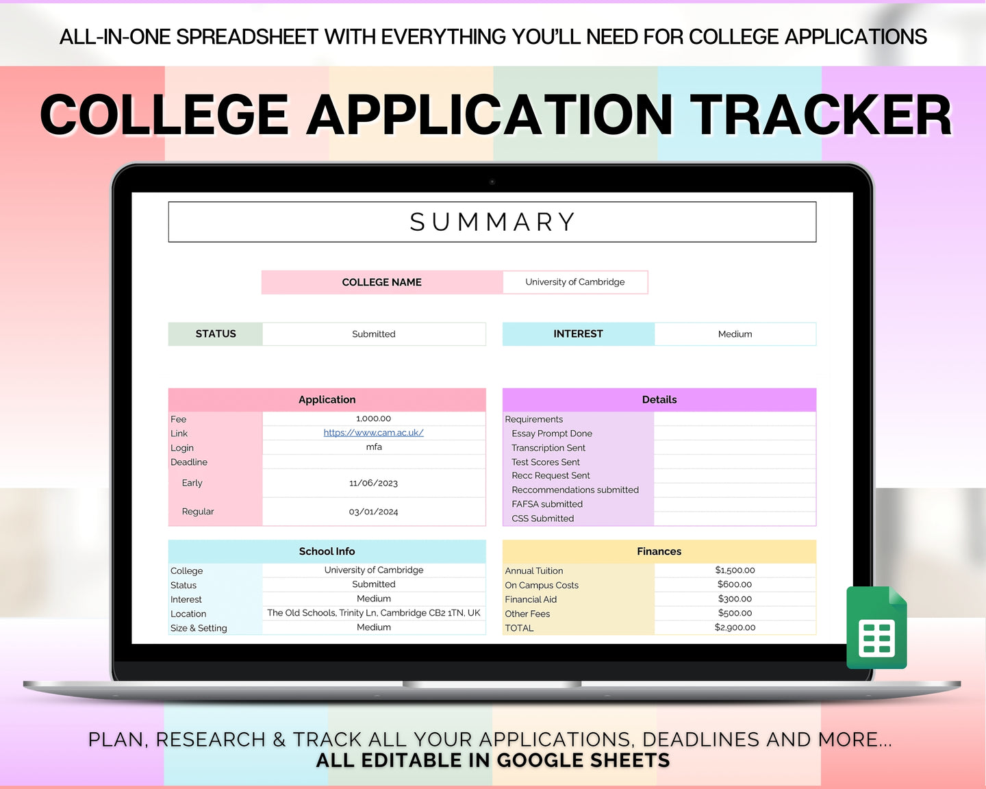 College Application Planner | College App Tracker Spreadsheet for College Research, Scholarship, Academic Student Planner & University List | Colorful