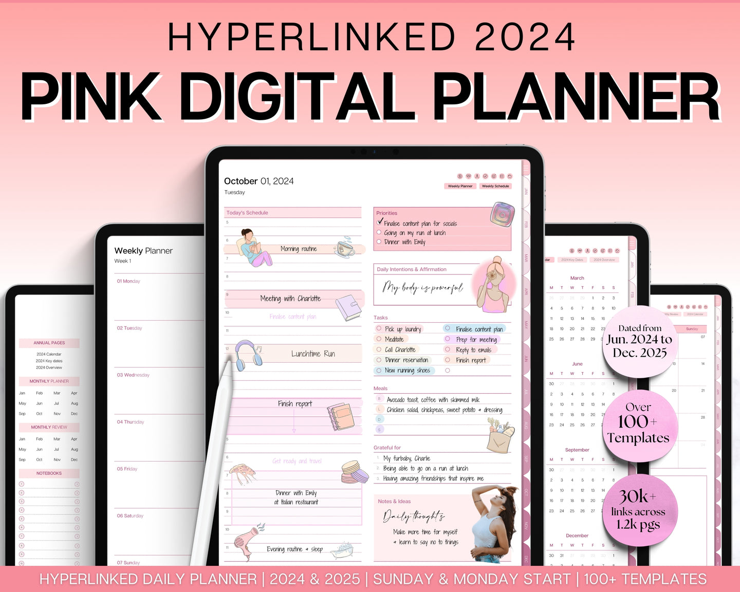 Pink 2024 Digital Planner | Includes PINK GoodNotes Planner, Daily Weekly, Monthly Planner, Undated Life Planner, Notability Planner & iPad Planner!
