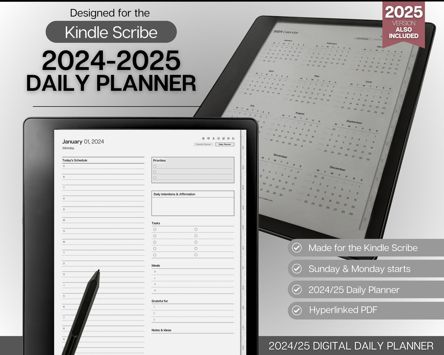 2025 DAILY Planner forKindle Scribe | Hyperlinked Digital Planner & Templates for the Kindle Scribe
