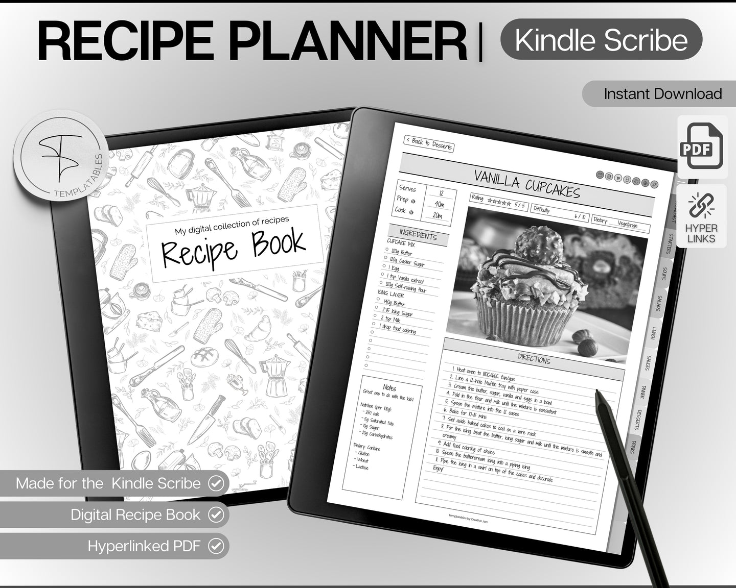 Digital Recipe Book for Kindle Scribe | Comes with Recipe Templates, Digital Meal Planner, Cookbook Template, Recipe Binder Kit & Blank Recipe Card