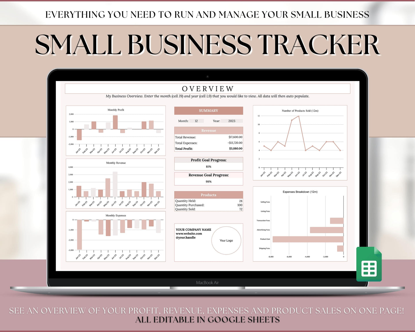 Small Business Bookkeeping Spreadsheet | Google Sheets Automated Business Expense Tracker & Product Invetory Tracker | Lux