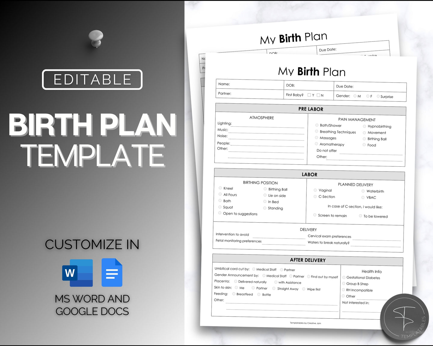 EDITABLE Birth Plan Template | Includes Birth Preferences, Birthing Plan Checklist, Pregnancy Planner, Natural Birth & Hypnobirthing | Mono