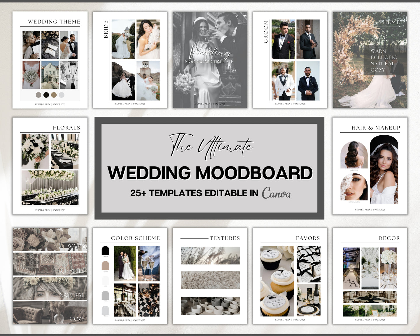 Ultimate Wedding Mood Board Template | Includes Editable Wedding Vision Board, Digital Vision board, Wedding Binder, Checklist, Theme & Canva | Mono