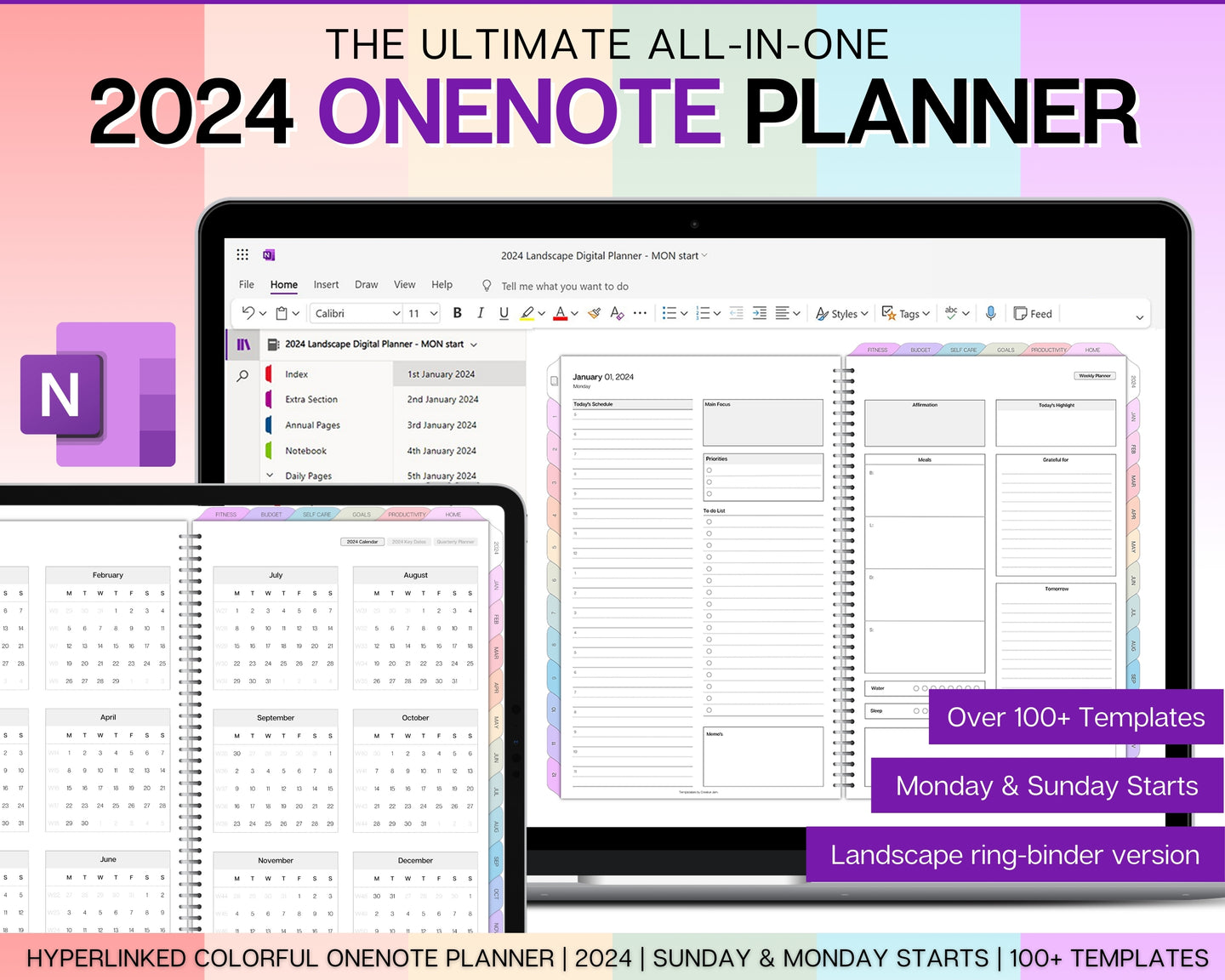 COLORFUL 2024 OneNote Planner | 2024 Digital Planner with OneNote Templates, Daily, Weekly & Monthly | Perfect for Windows, Adhd, Notebook & One Note | Colorful