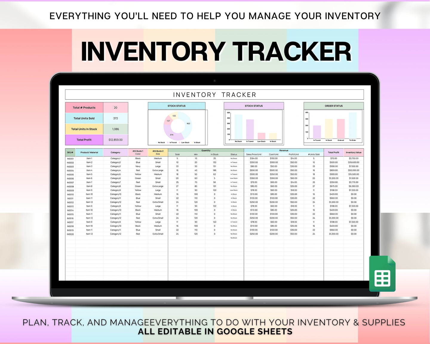Inventory Tracker Spreadsheet | Small Business Inventory Management Template & Business Stock Tracker for Google Sheets | Colorful