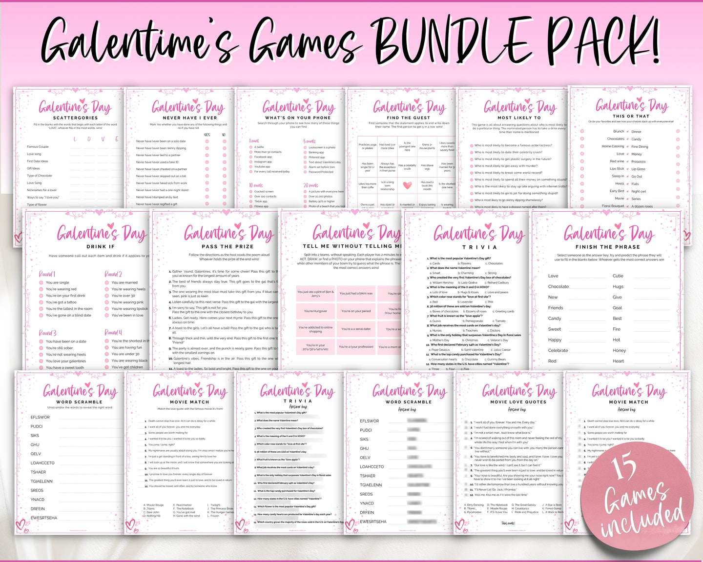 GALENTINES Games Bundle | 15 Printable Party Games for Galentines Day | Valentines Day Party Game & Girls Night