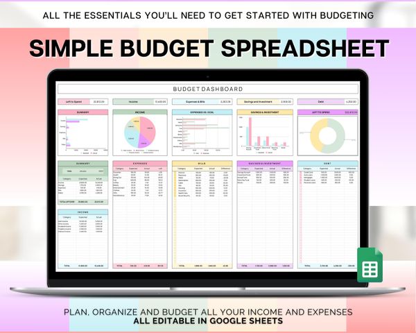 SIMPLE Budget Spreadsheet | Google Sheets Budget Planner & Easy Monthly Budget Template | Automated Paycheck Financial Planner | Rainbow