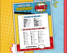 Load image into Gallery viewer, Superhero Party Game | What’s your Superhero Name? Includes Super Hero Party Decoration, Name Sign, Kids &amp; Birthday Party Decor | Printable Games | Boy
