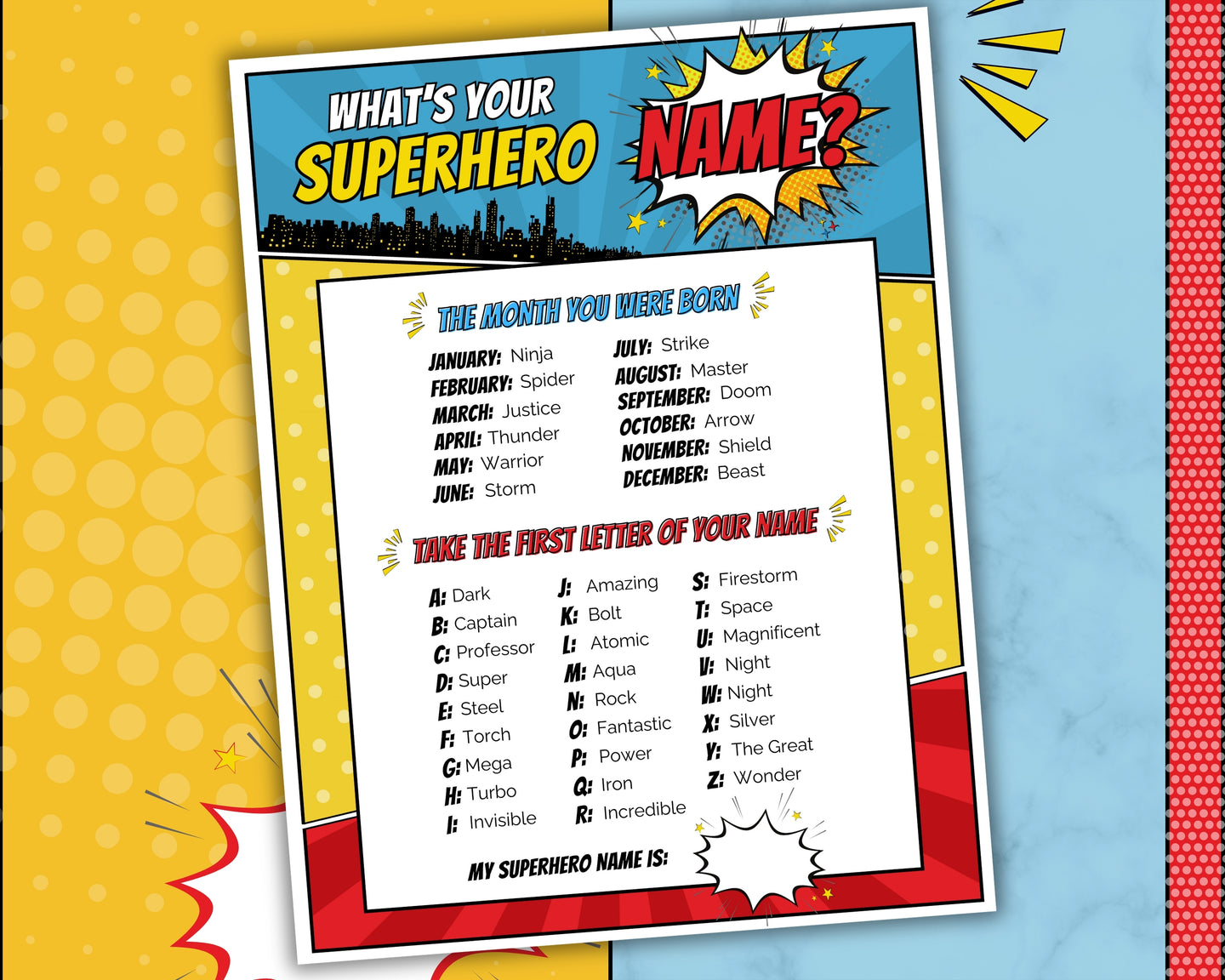 Superhero Party Game | What’s your Superhero Name? Includes Super Hero Party Decoration, Name Sign, Kids & Birthday Party Decor | Printable Games | Boy
