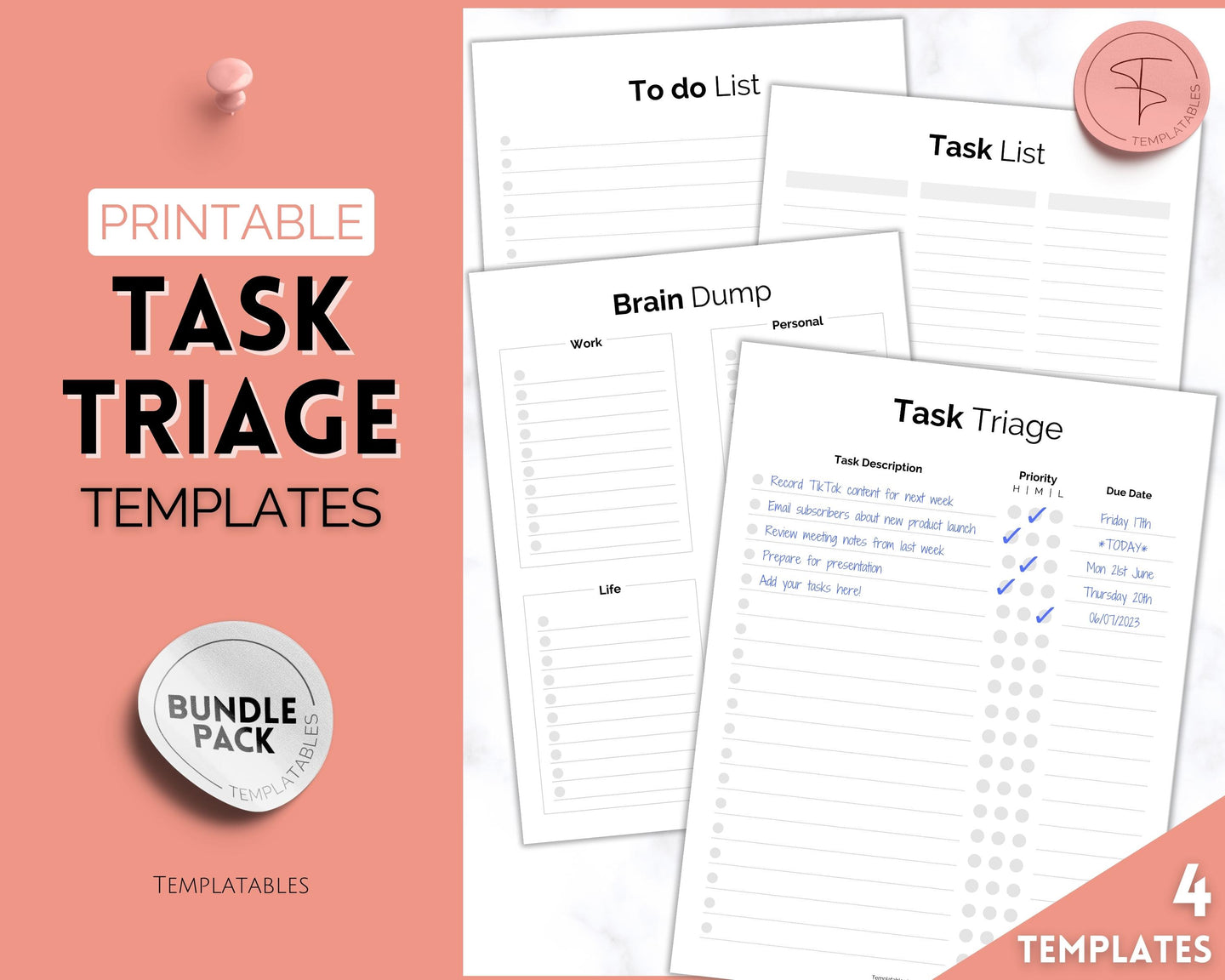 Task Triage: Prioritize and Organize with To-Do List, Brain Dump, and Task Tracker - Printable and Digital Planning Templates | Mono
