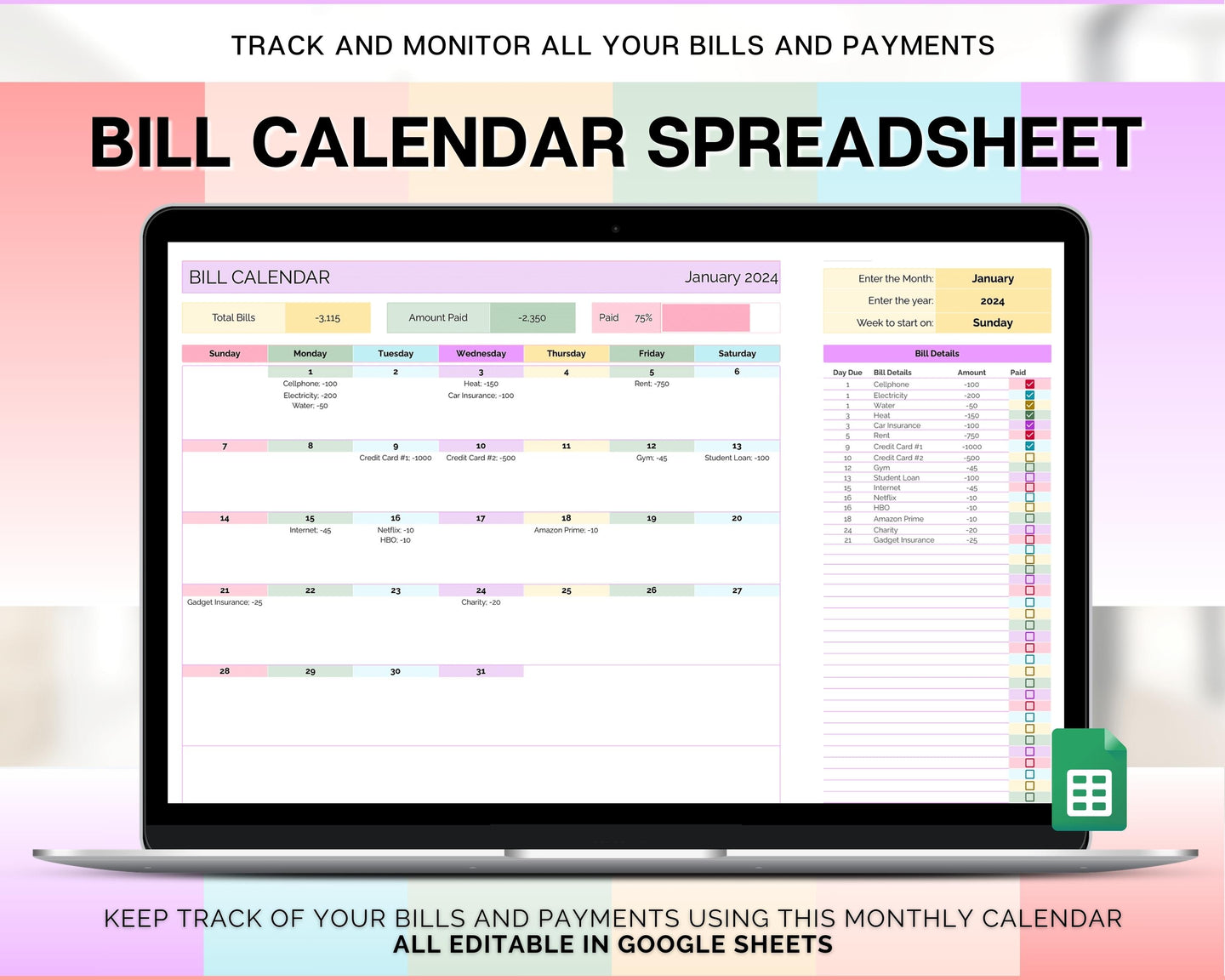 Bill Payment Calendar Spreadsheet Your Automated Bill Tracker!