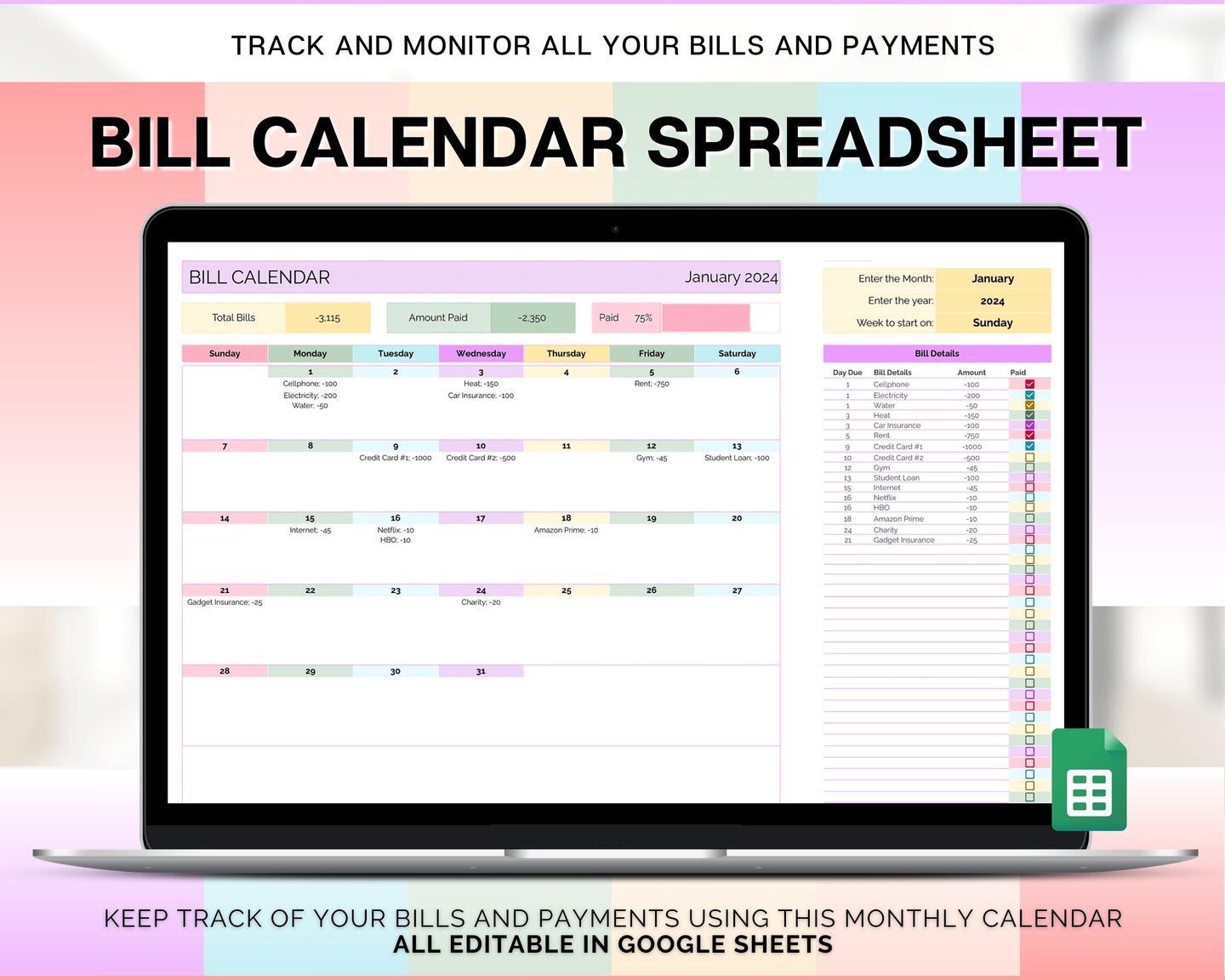 Bill Payment Calendar Spreadsheet | Google SHEETS Automated Monthly Bill Tracker | Budget Expense, Finance Template | Rainbow