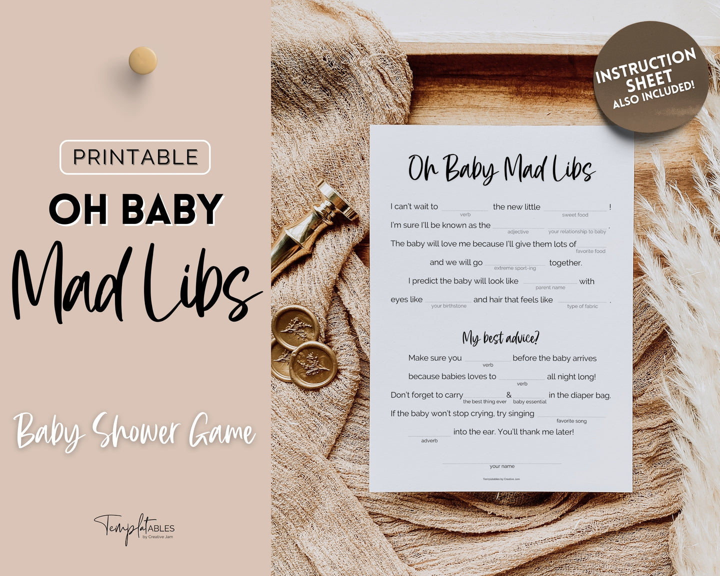 Baby Shower Mad Libs | Includes Printable Baby Shower Template, Gender Neutral, Minimalist, Woodland Theme & Parent Mommy Advice Card | Boho