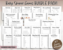 Load image into Gallery viewer, 40 Baby Shower Games Printable BUNDLE | Gender Neutral Baby Shower Activity for Woodland, Boho, Neutral Theme Baby Showers
