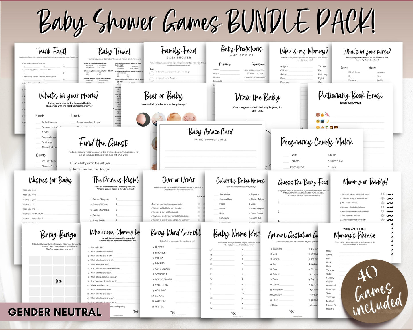 40 Baby Shower Games Printable BUNDLE | Gender Neutral Baby Shower Activity for Woodland, Boho, Neutral Theme Baby Showers