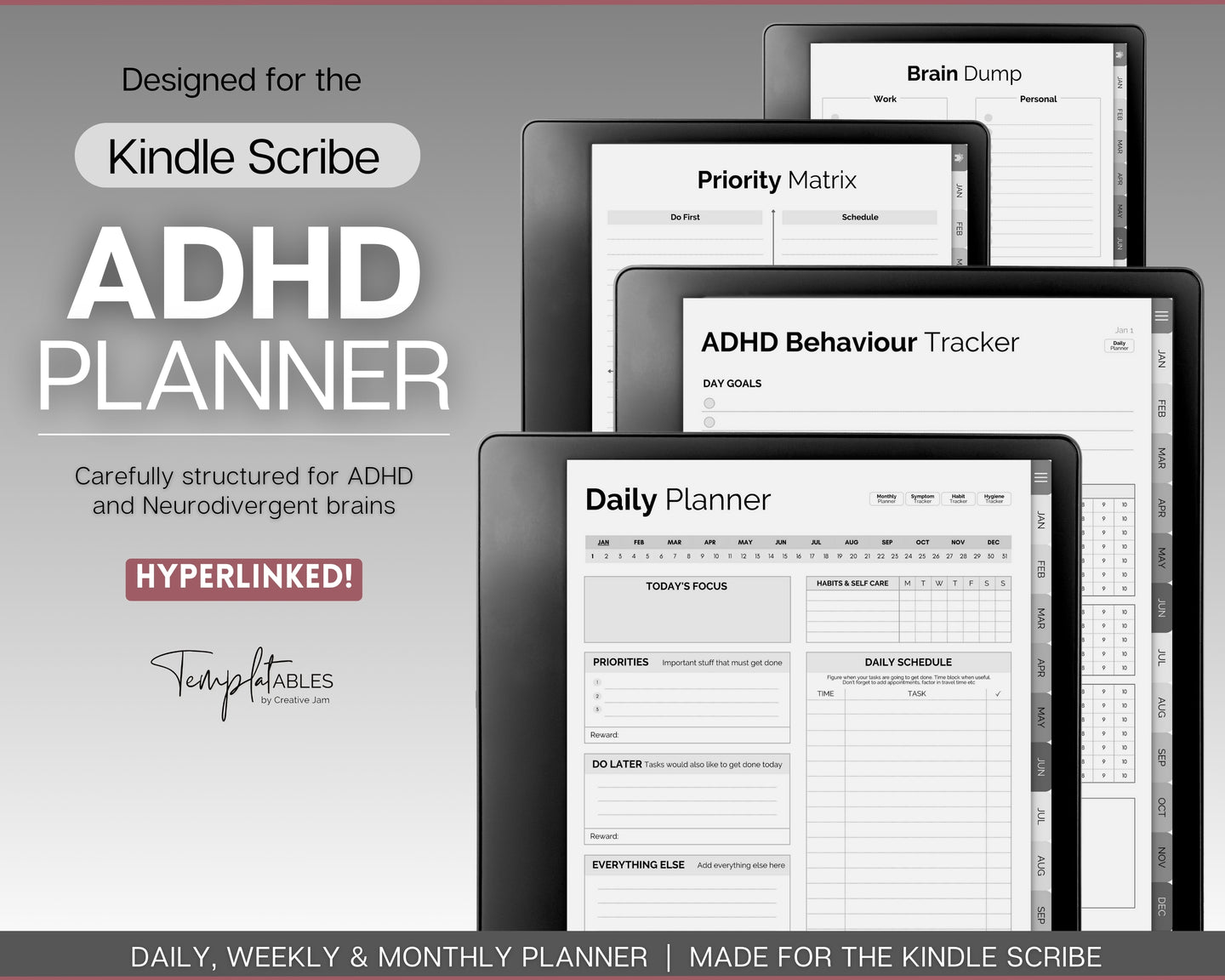 Digital ADHD planner for the Kindle Scribe | Daily Planner for Neurodivergent Adults | Includes Brain Dump Template & To Do List