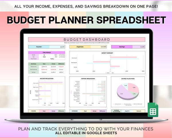 COLORFUL Budget Spreadsheet | Google Sheets Automated Budget Planner for Paychecks, Financial Planning and Savings | Rainbow