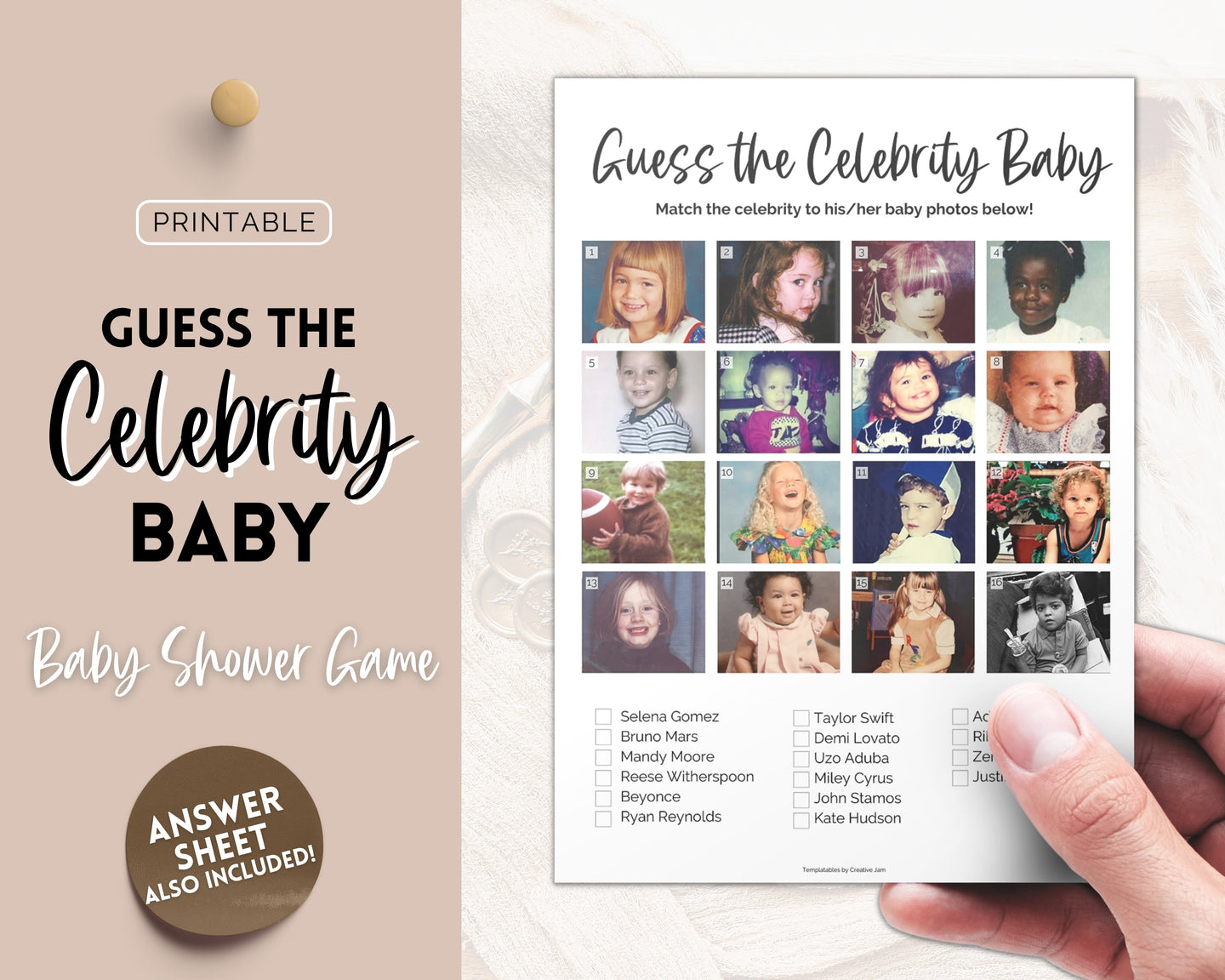 Guess the CELEBRITY Baby | Baby Shower Games & Printable Baby Shower Template | Gender Neutral, Minimalist, Woodland Theme & Whos that baby