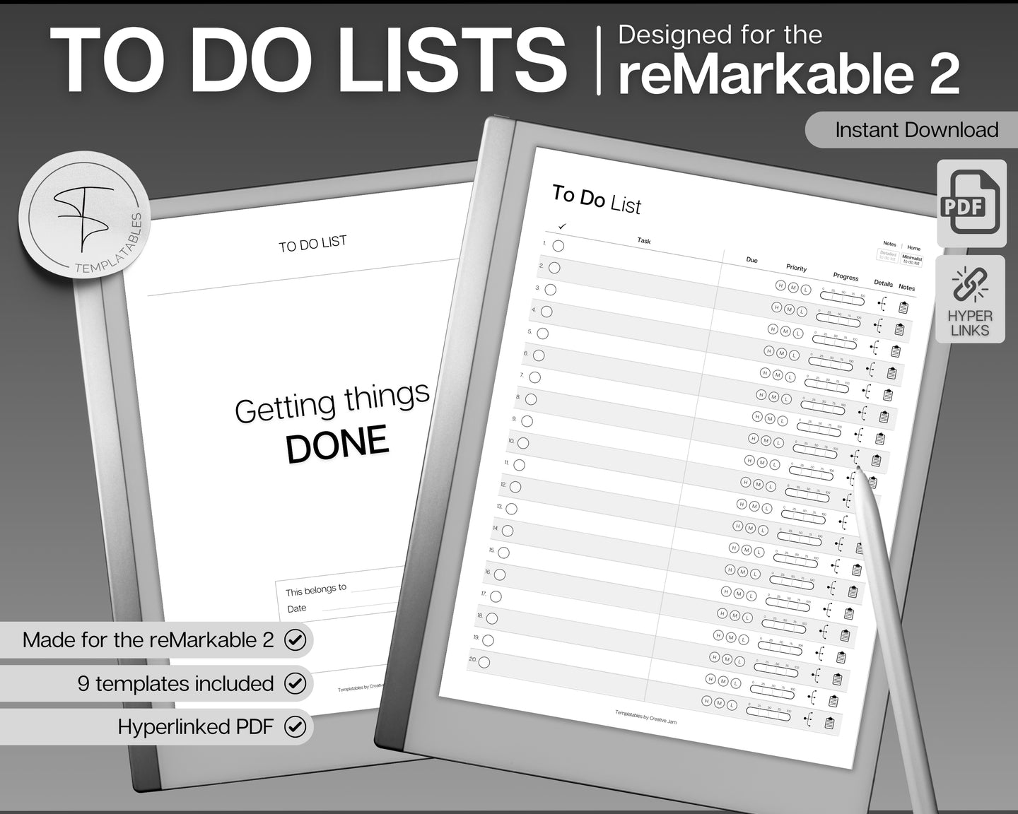 Digital To Do List for the reMarkable tablet | 9 Hyperlinked Digital To Do Lists, Productivity Templates