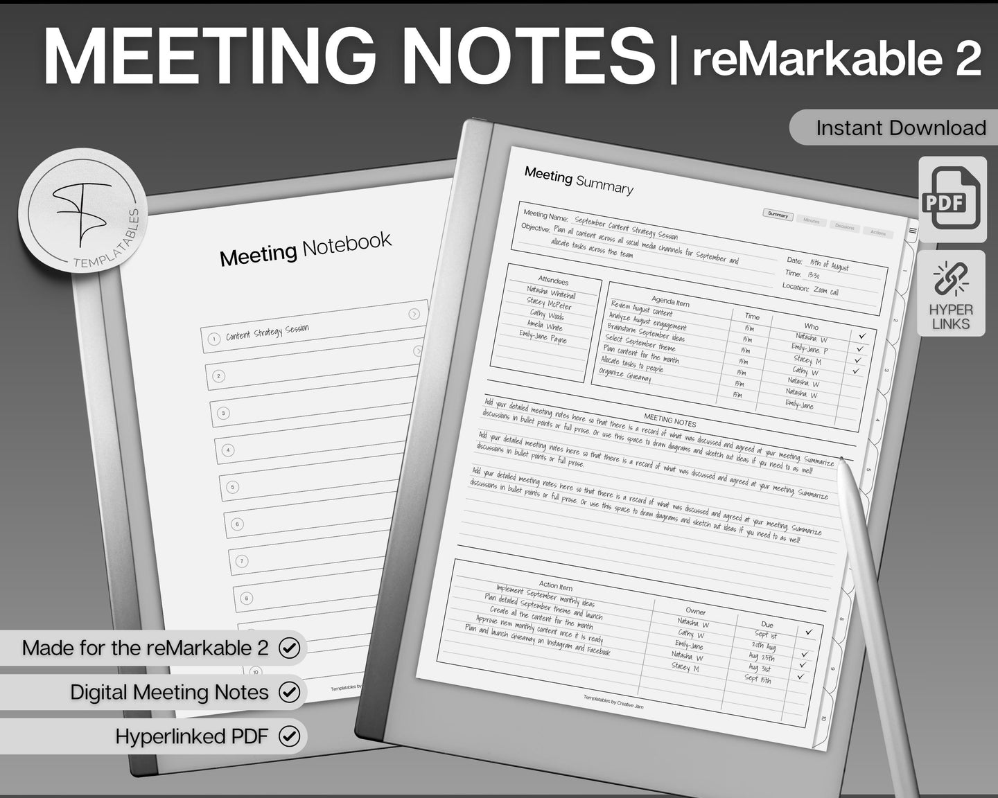 reMarkable 2 Meeting Minutes Template |  Meeting Agenda, Note Taking, Project planner, Task List Templates