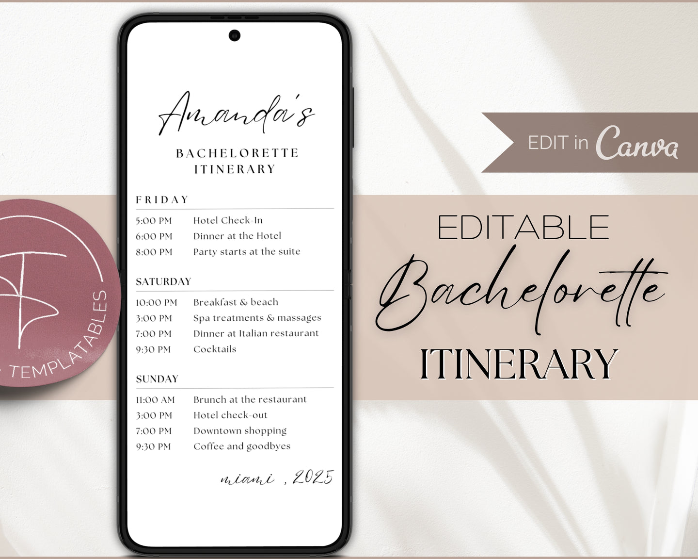Editable Bachelorette Itinerary template | Editable Mobile Bachelorette Weekend Planner, Girls trip, Cowgirl, Winter, Disco & Digital Canva template
