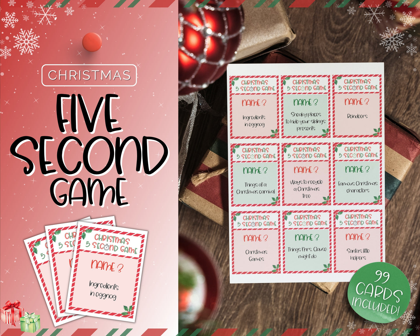 Christmas 5-Second Game | 99 Printable Cards for Festive Fun | Printable Christmas Party Game for Adults, Kids, and Family Holiday Parties