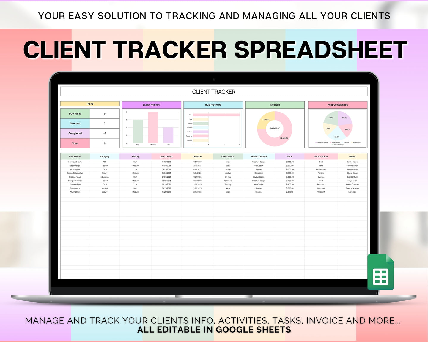 Client Tracker Spreadsheet | Includes CRM Tracker, Lead & Task Tracker, Client Record book, Business Planner & Communication Log | For Small Business Owners | Colorful