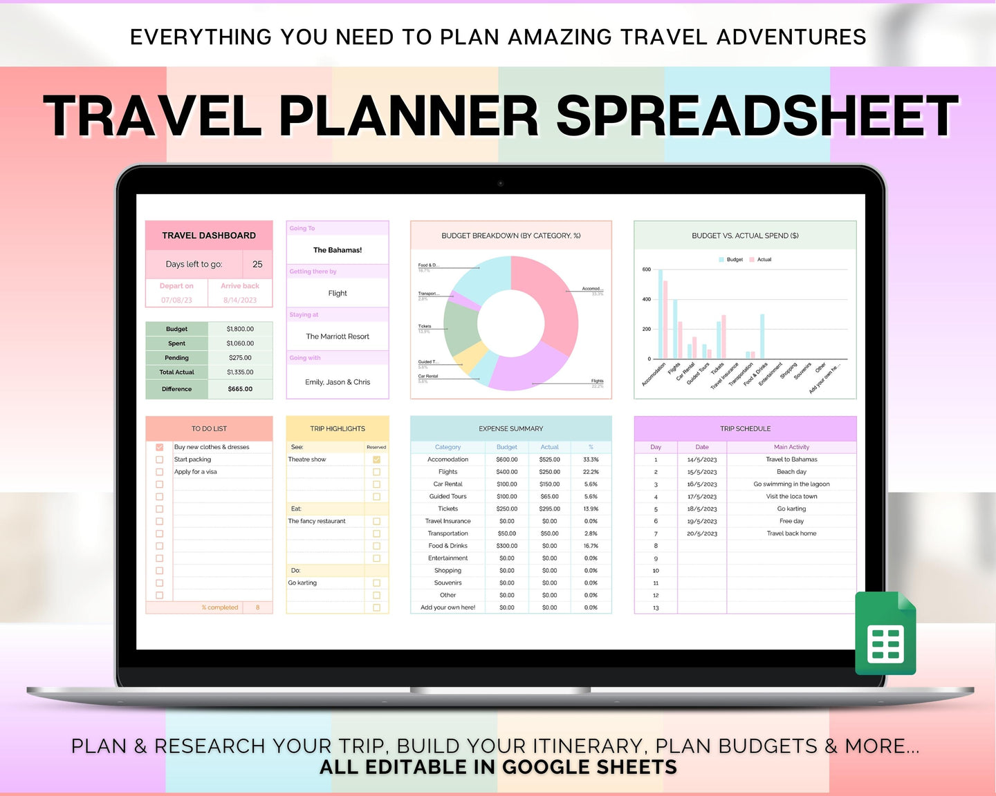 Digital Ultimate Travel Planner | Google Sheets Editable Travel Spreadsheet, Trip Expense Tracker, Packing List, Vacation Schedule | Rainbow