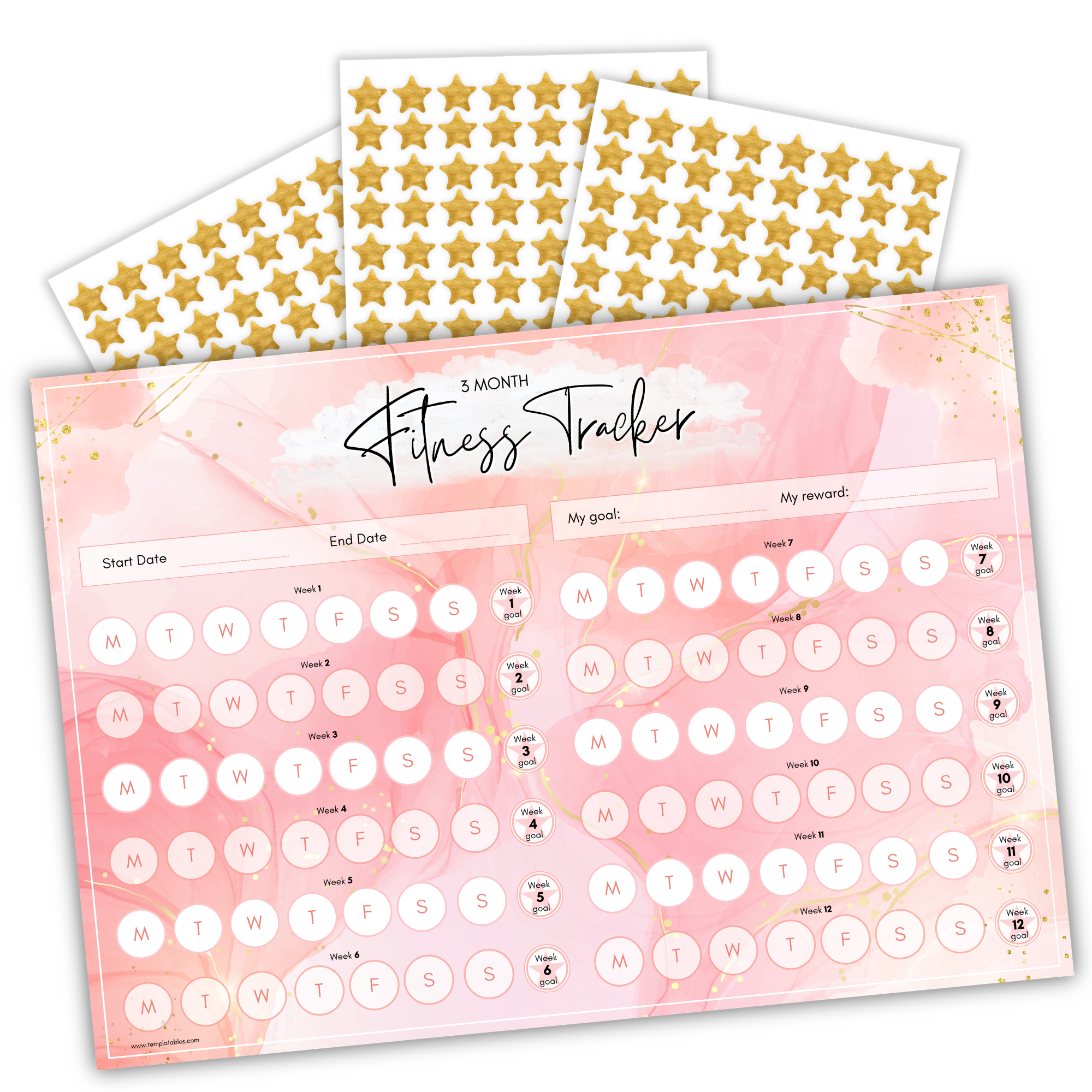 3-Month Fitness Tracker Chart with Gold Stars | A4