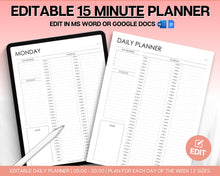 Load image into Gallery viewer, EDITABLE 15 Minute Planner | Includes 15 Minutes Daily Planner, 15 Minute Tracker, Half Hour, Hourly, Time Block Template &amp; Undated Appointment Tracker

