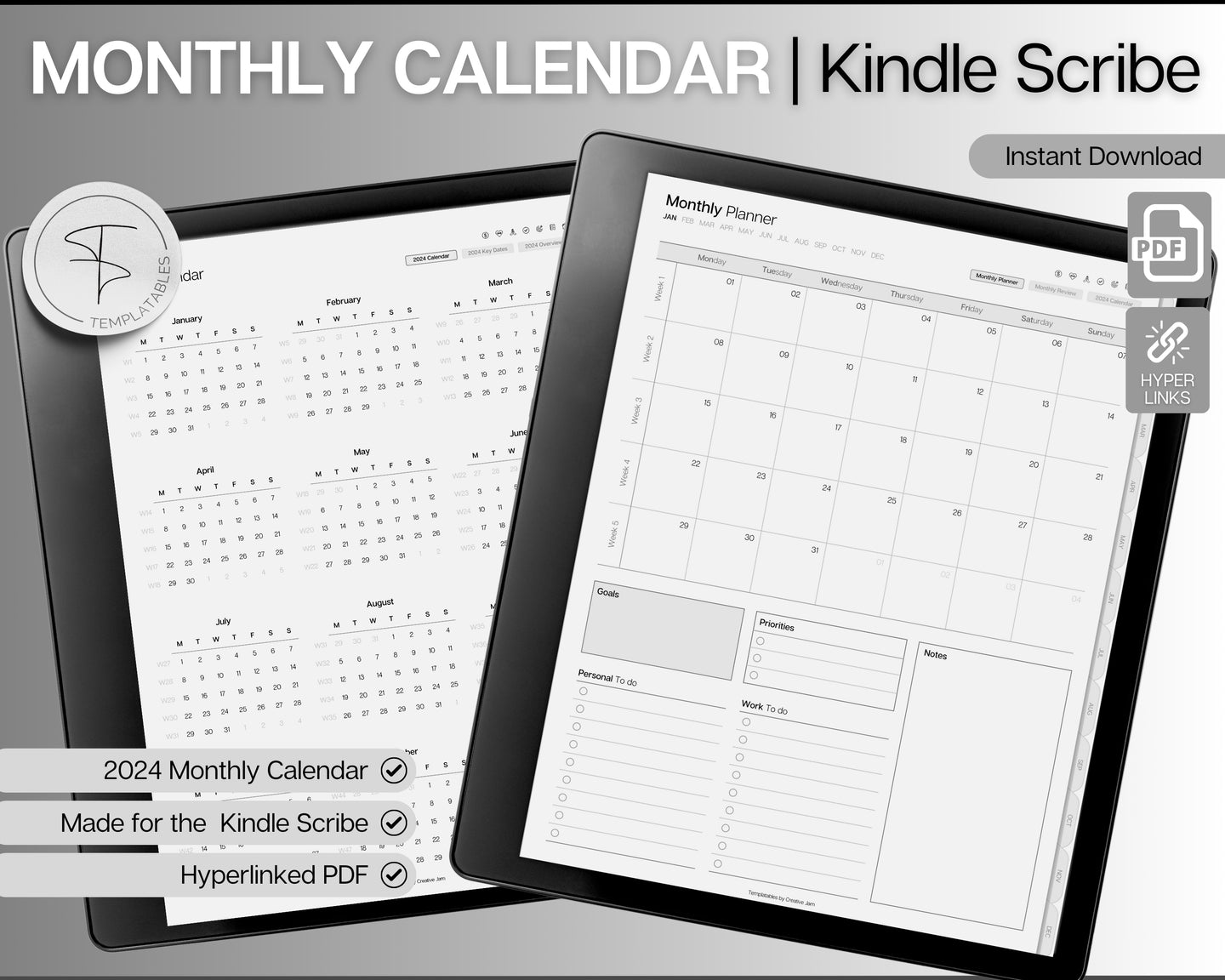 2024 Kindle Scribe Monthly Planner | Hyperlinked Digital Planner & 2024 Monthly Planner