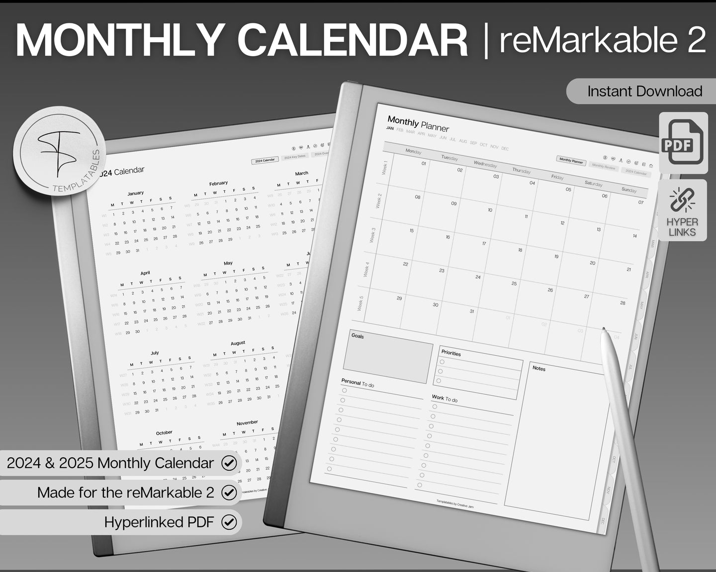 2024 reMarkable 2 Monthly Calendar | reMarkable Digital Planner & reMarkable calendar template | Minimalist