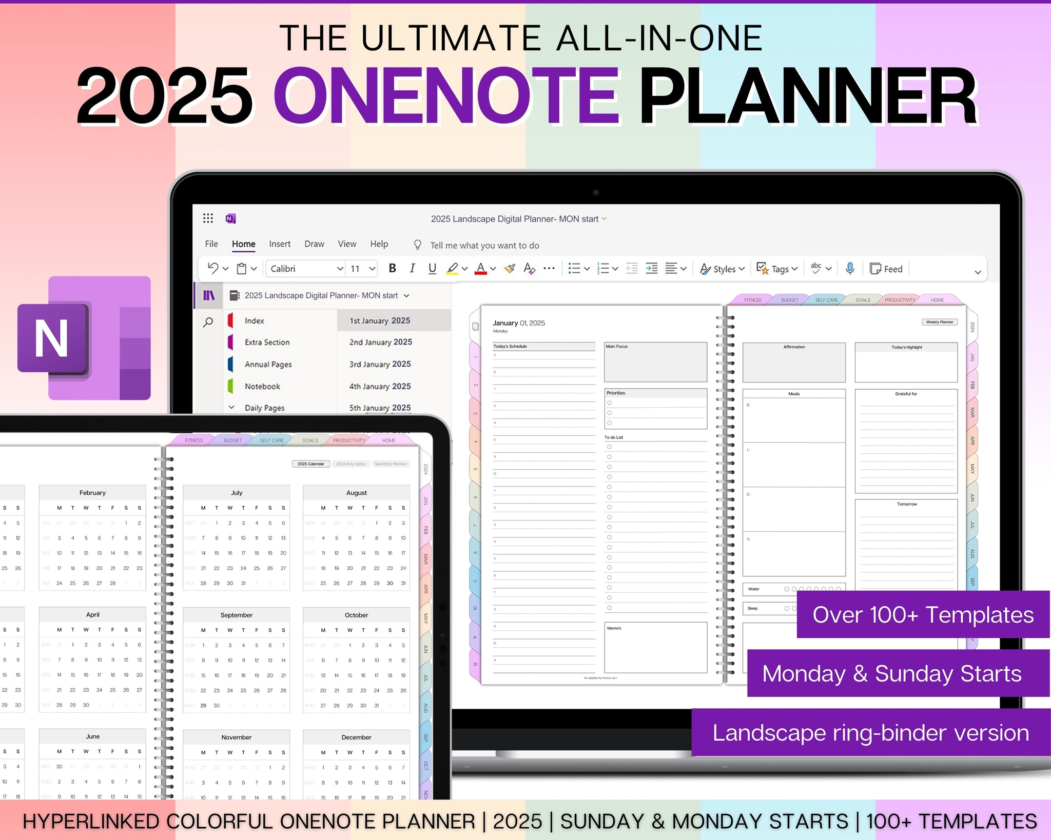 Visual Daily Planner Onenote Colorful 2025 OneNote Planner | For Daily, Weekly & Monthly Planning!