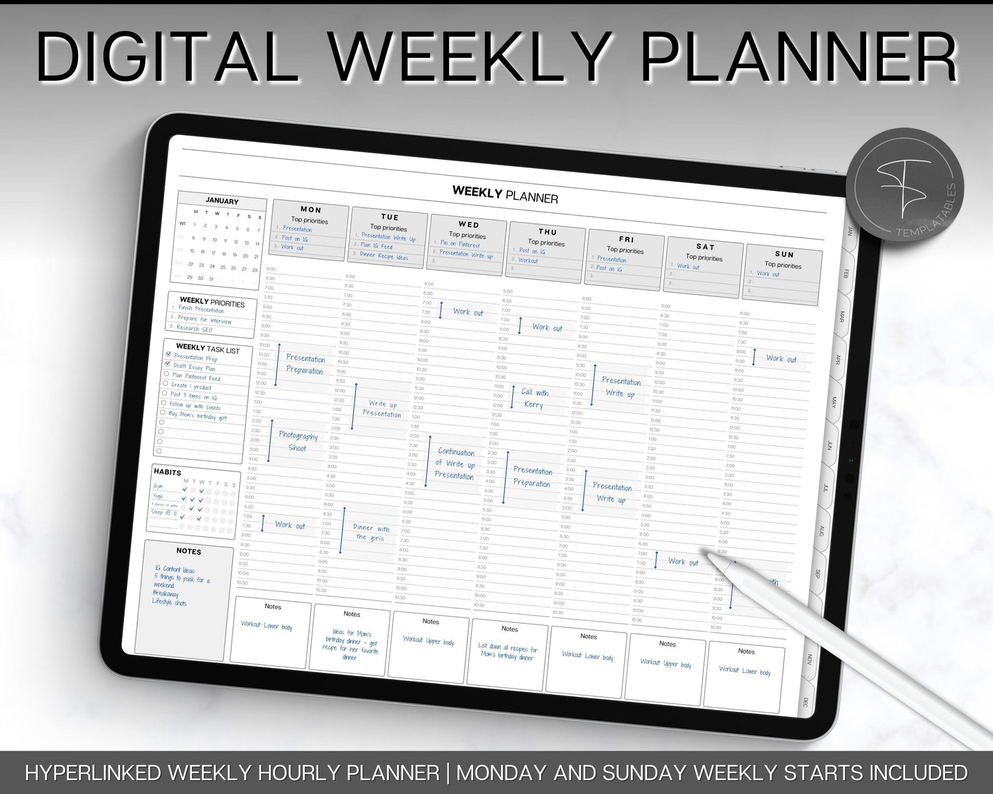 2024 WEEKLY Hourly Digital Planner | Your Stylish Companion for iPad, Undated, GoodNotes, Digital Life Planner and Notability | Mono