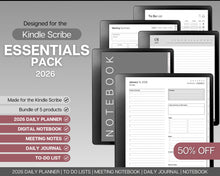 Load image into Gallery viewer, Templates for Kindle Scribe, ESSENTIALS PACK, 2026 Daily Planner, Digital To Do List, Meeting Minutes Meeting Notes, Journal Notebook
