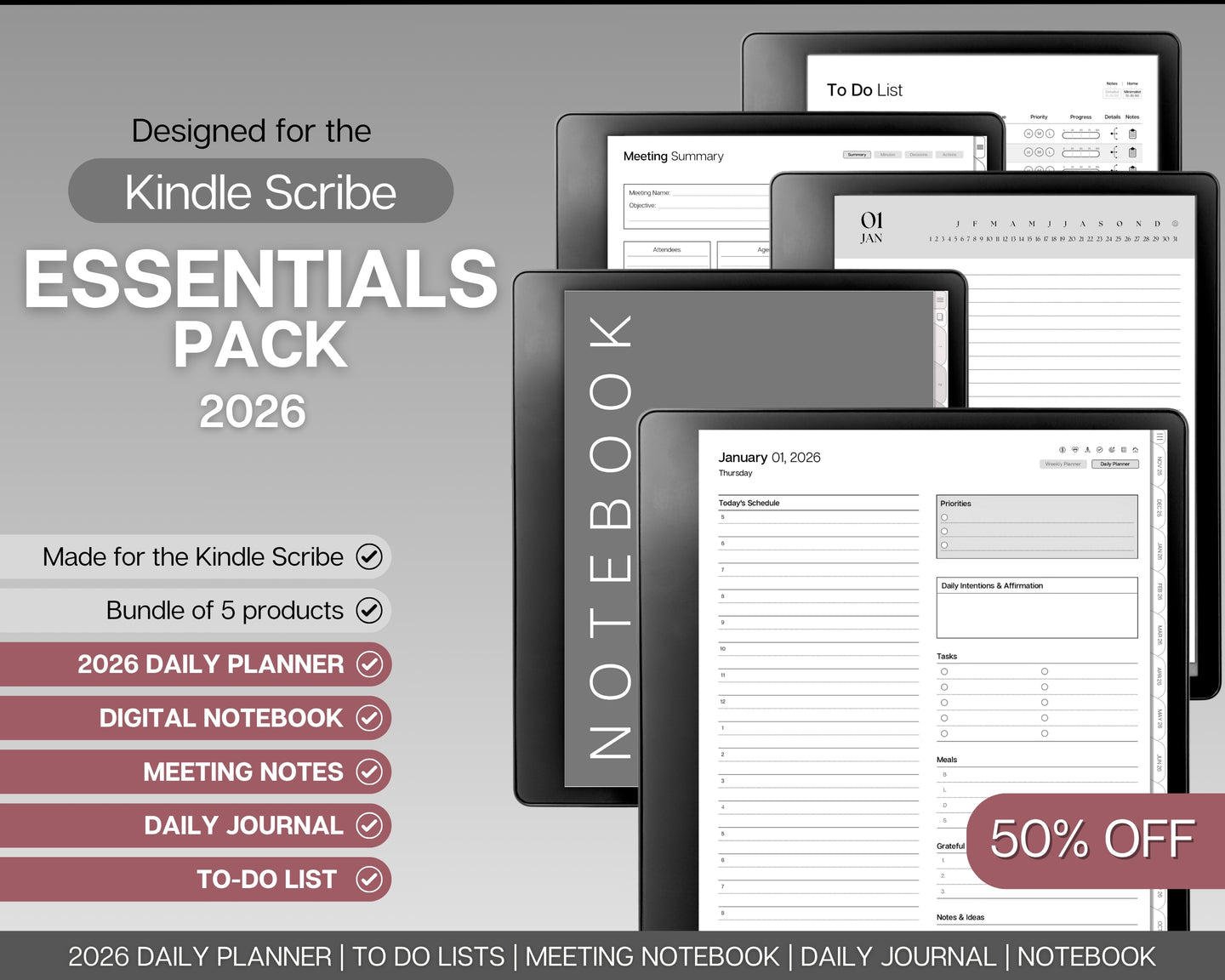 Templates for Kindle Scribe, ESSENTIALS PACK, 2026 Daily Planner, Digital To Do List, Meeting Minutes Meeting Notes, Journal Notebook