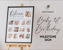 Load image into Gallery viewer, EDITABLE First Birthday Milestone Sign | 1st Birthday Poster, Baby Milestone decor, Canva Template &amp; Photo Collage Poster | Olivia

