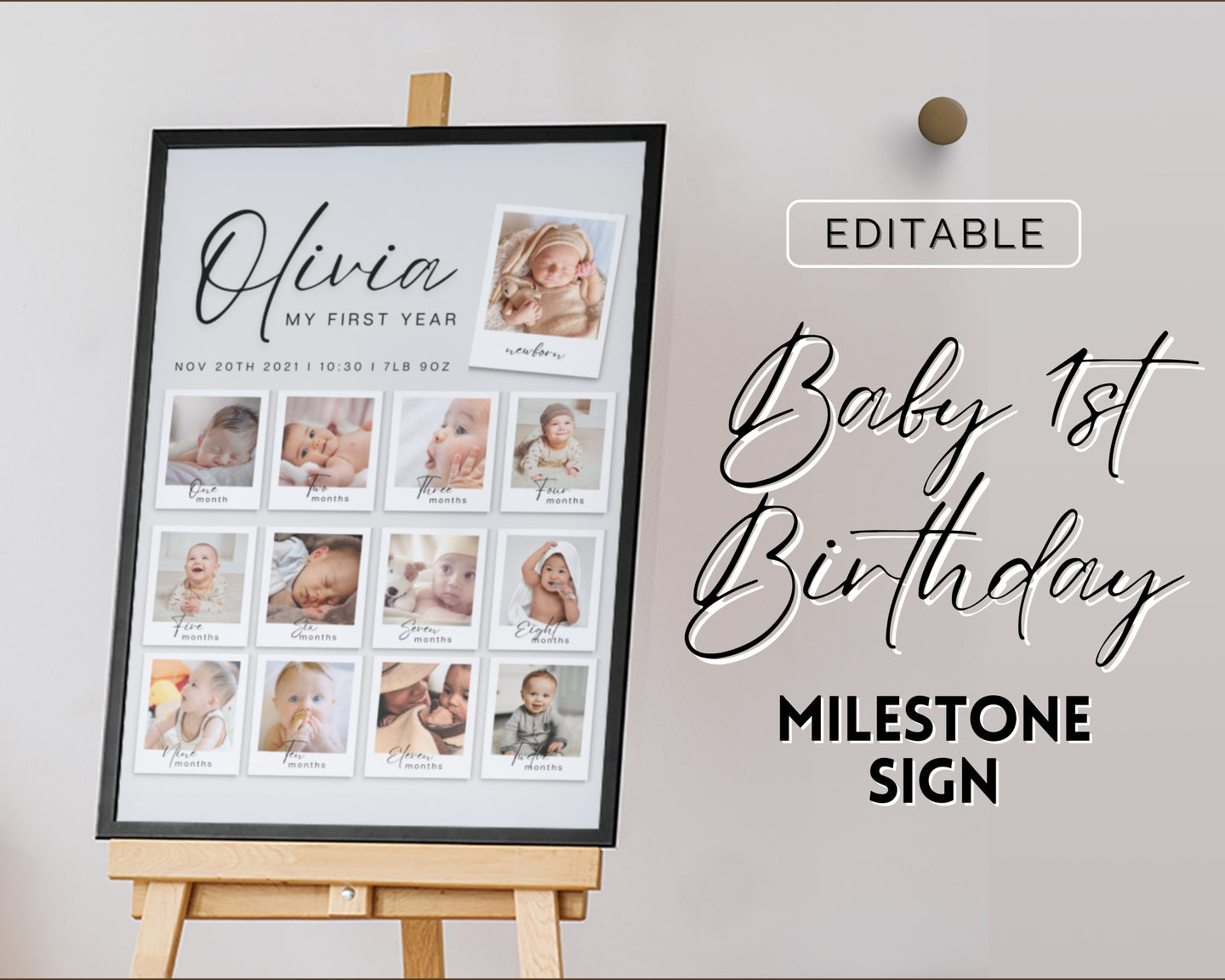 EDITABLE First Birthday Milestone Sign | 1st Birthday Poster, Baby Milestone decor, Canva Template & Photo Collage Poster | Olivia